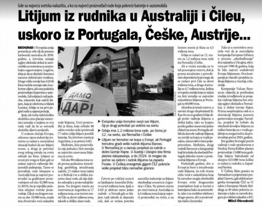 Đilasove novine objavile priču o litijumu: Uskoro počinje iskopavanje u Portugalu, Češkoj, Austriji
