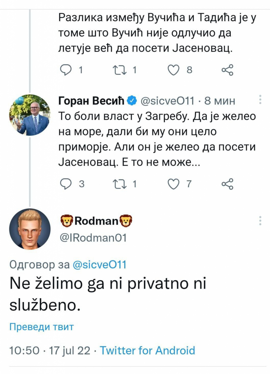 ŠTA BOLI VLAST U ZAGREBU Vesić: Da je Vučić hteo na more, dali bi mu celo primirje, a u Jasenovac e, to ne može!