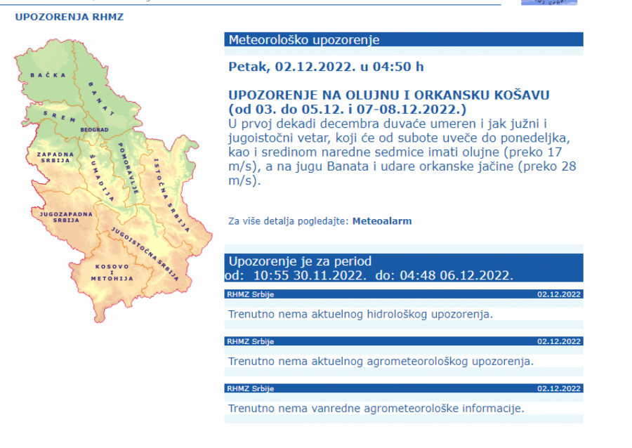 RHMZ IZDAO HITNA UPOZORENJA ZA OVAJ VIKEND Očekuje nas opasno vreme, a u ovom delu Srbije biće udari vetra orkanske jačine!