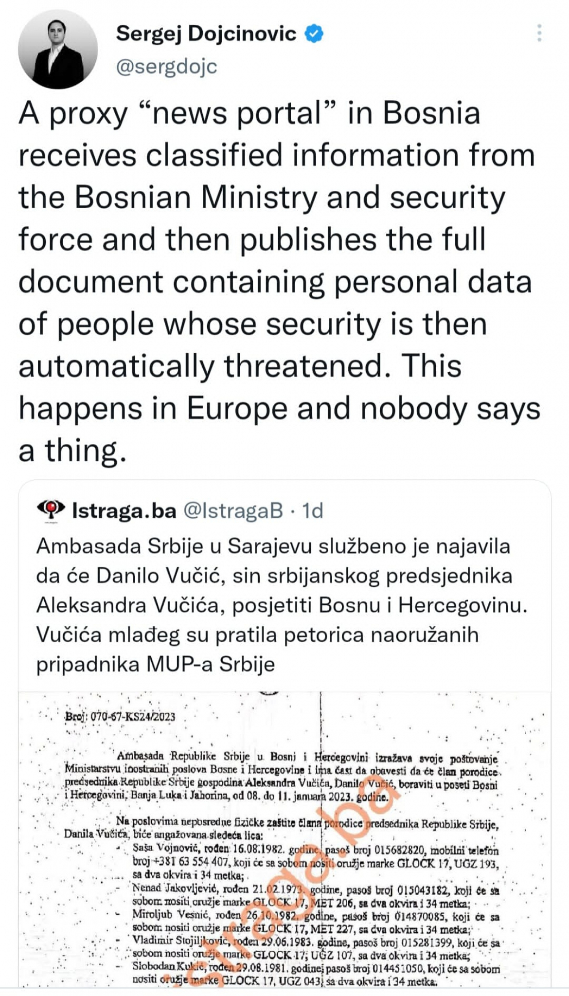 SKANDAL! Bosansko-hercegovačko ministarstvo i bezbednosne snage ugrozile bezbednost Danila Vučića (FOTO)
