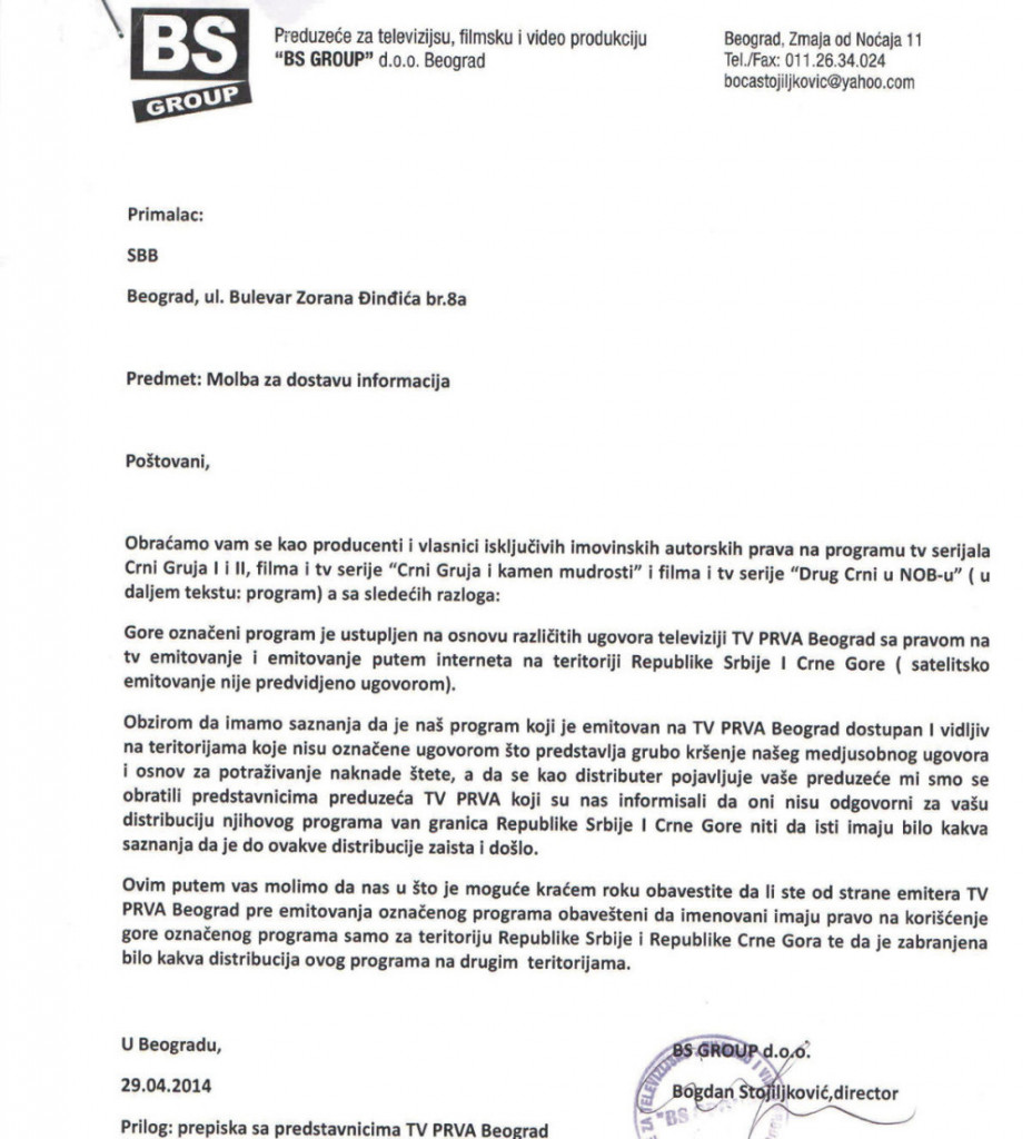 Upozorenje produkcije SBB-u