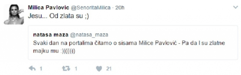 Tvit Milice Pavlović i Nataše Maze