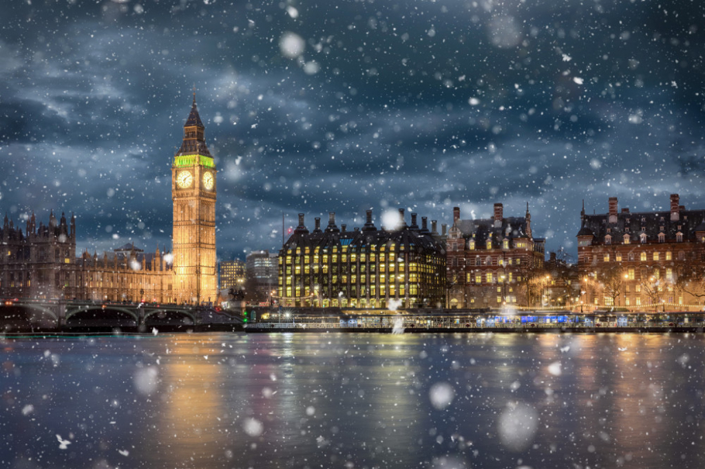 zima, noć, sneg, romantika, london