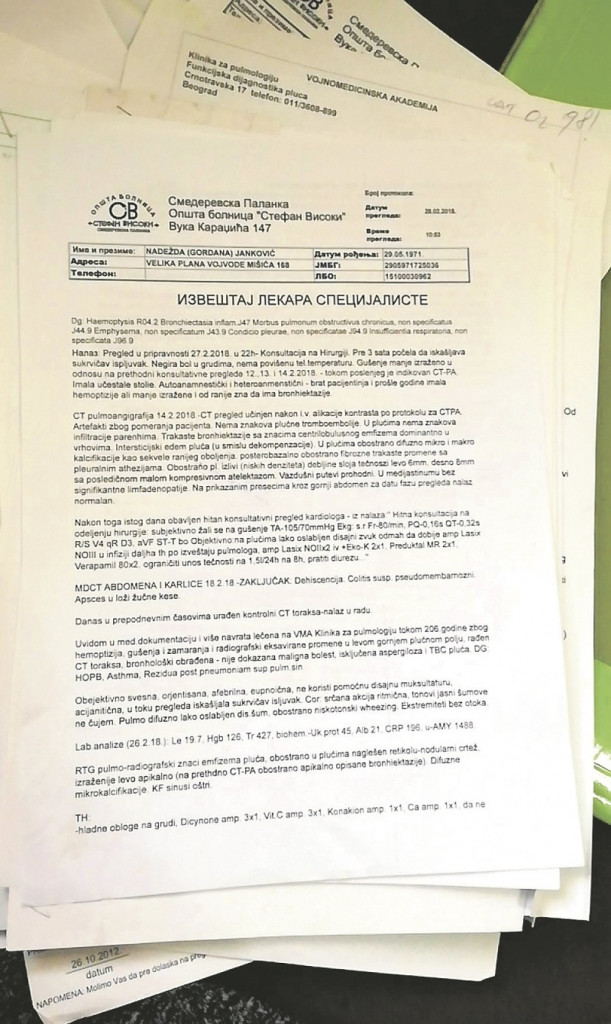 Lekarski nalaz iz bolnice za Nadeždu Janković