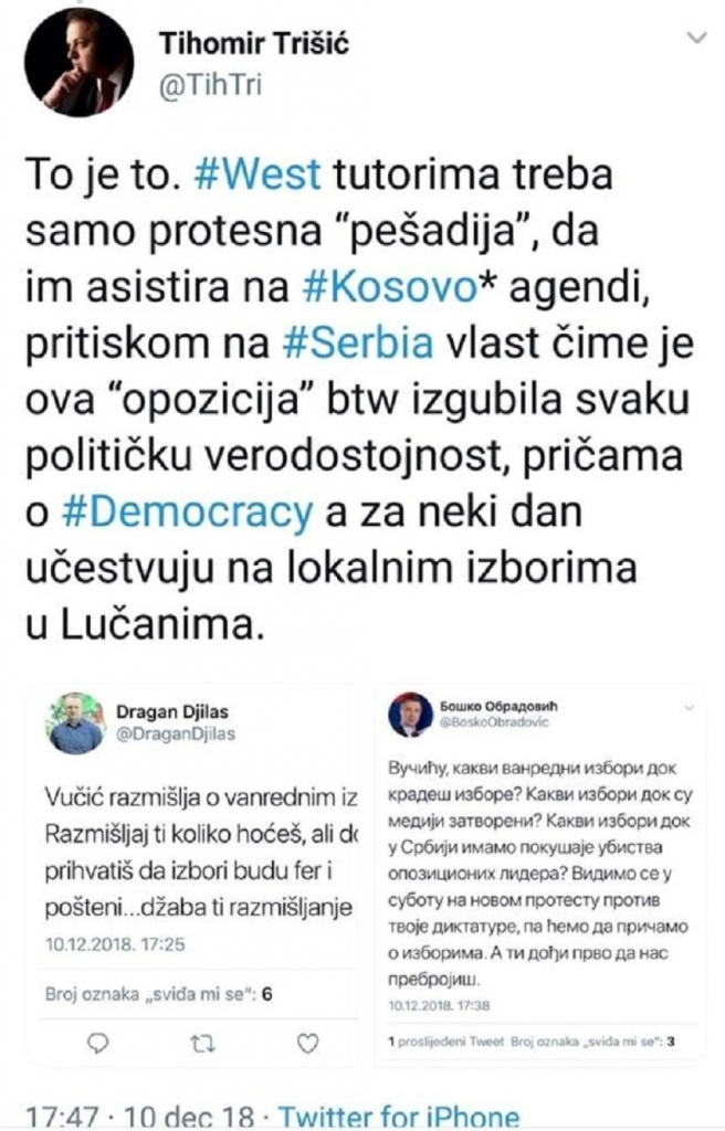 Tvit Tihomira Trišića o cirkusu opozicije
