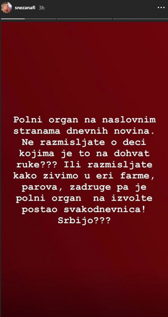 Status Snežane Filipović na Instagramu