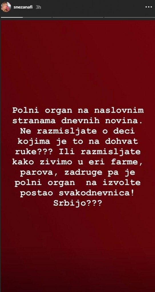 Status Snežane Filipović na Instagramu