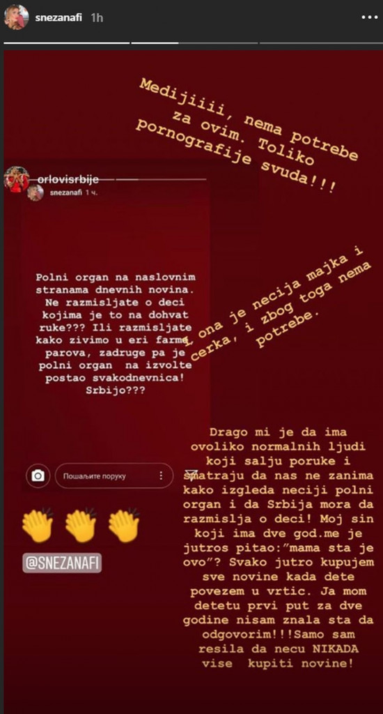 Status Snežane Filipović na Instagramu