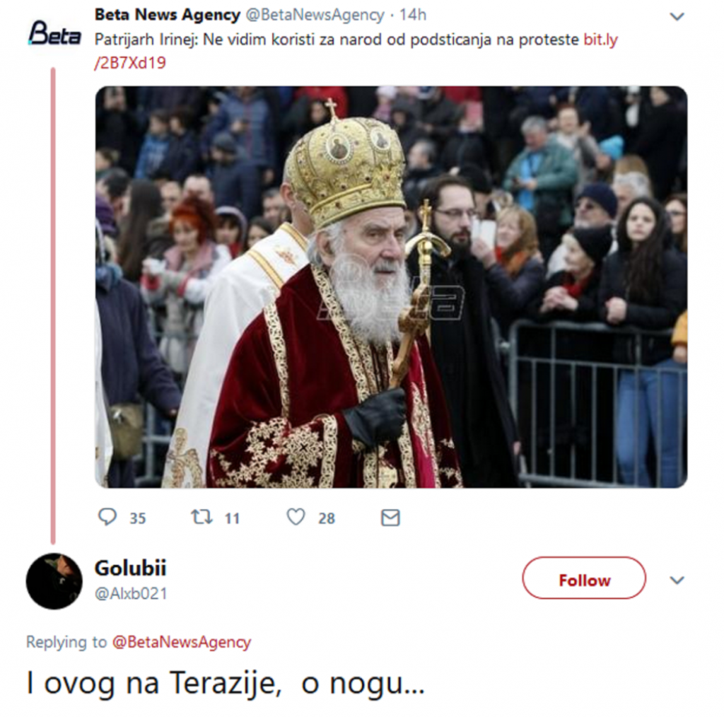 Pretnja patrijarhu Irineju