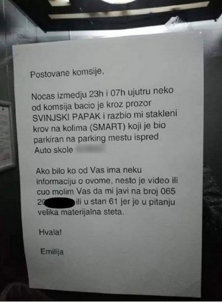 Obaveštenje koje je ostavila oštećena Emilija
