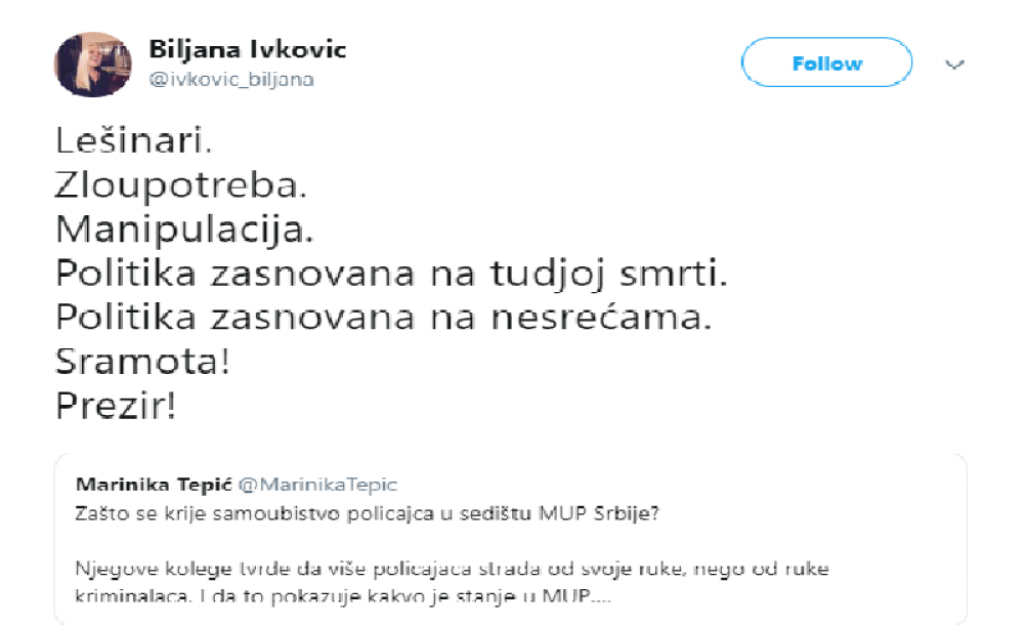 Tviter odgovor Biljane Popović Ivković