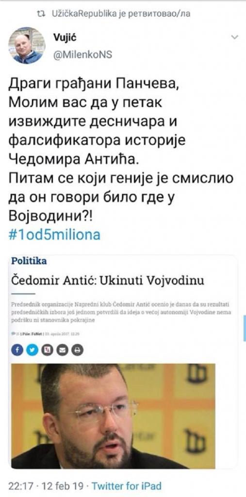 Tvit o Antiću koji je Ješić retvitovao