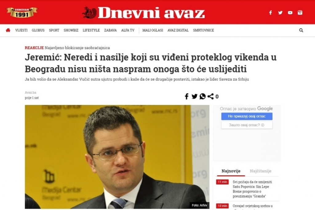 Dnevni avaz o tvrdnjama Vuka Jeremića