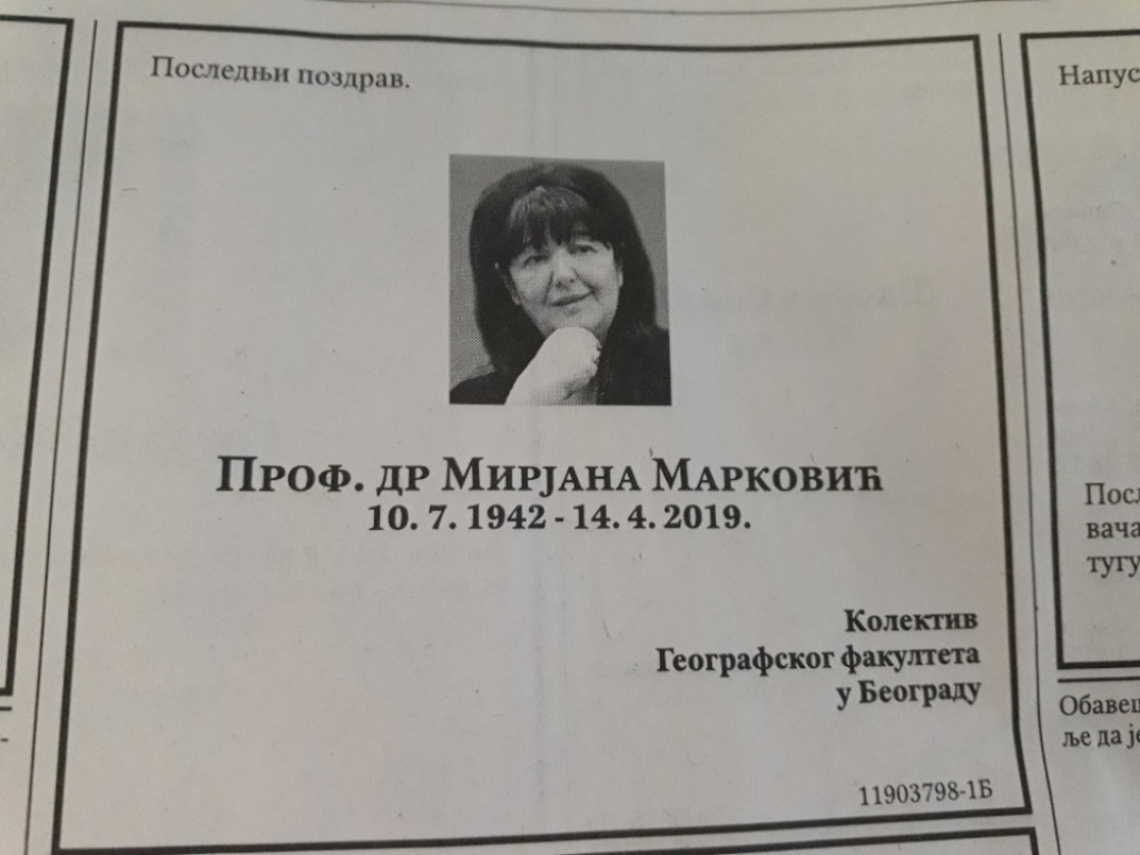 Čitulja za Miru Marković