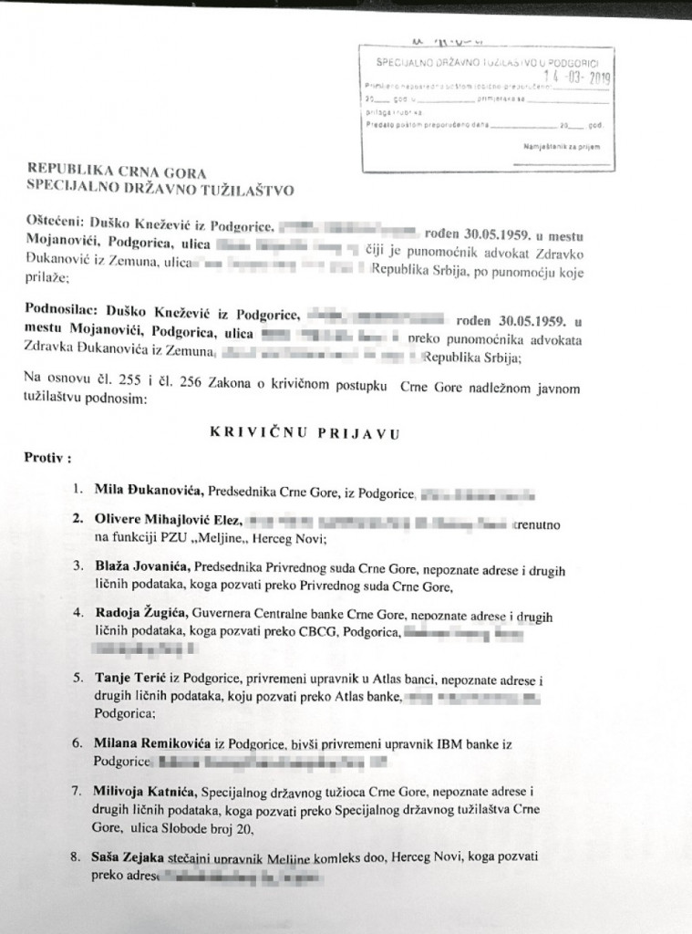 Krivična prijava protiv Mila Đukanovića i njegovih saradnika