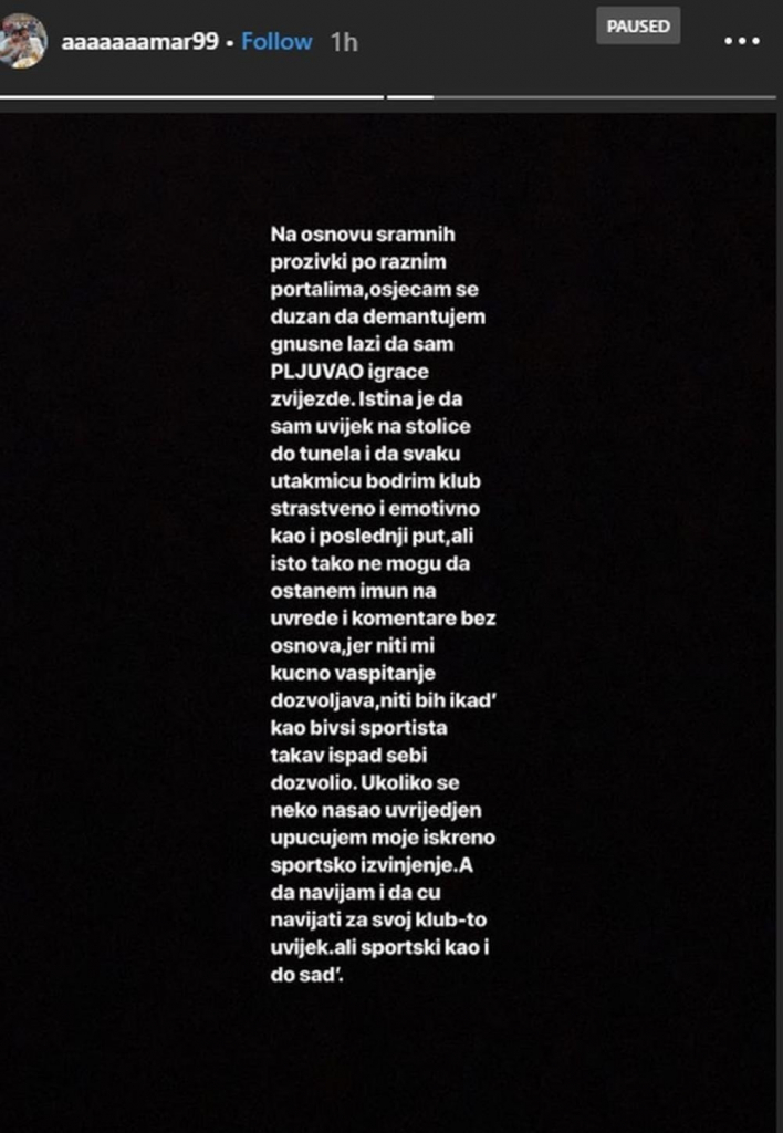 Status Amara Nuhodžića na Instagramu
