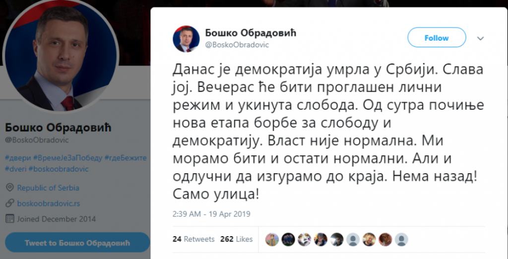 Bo&scaron;ko Obradović, tvitter, poruka