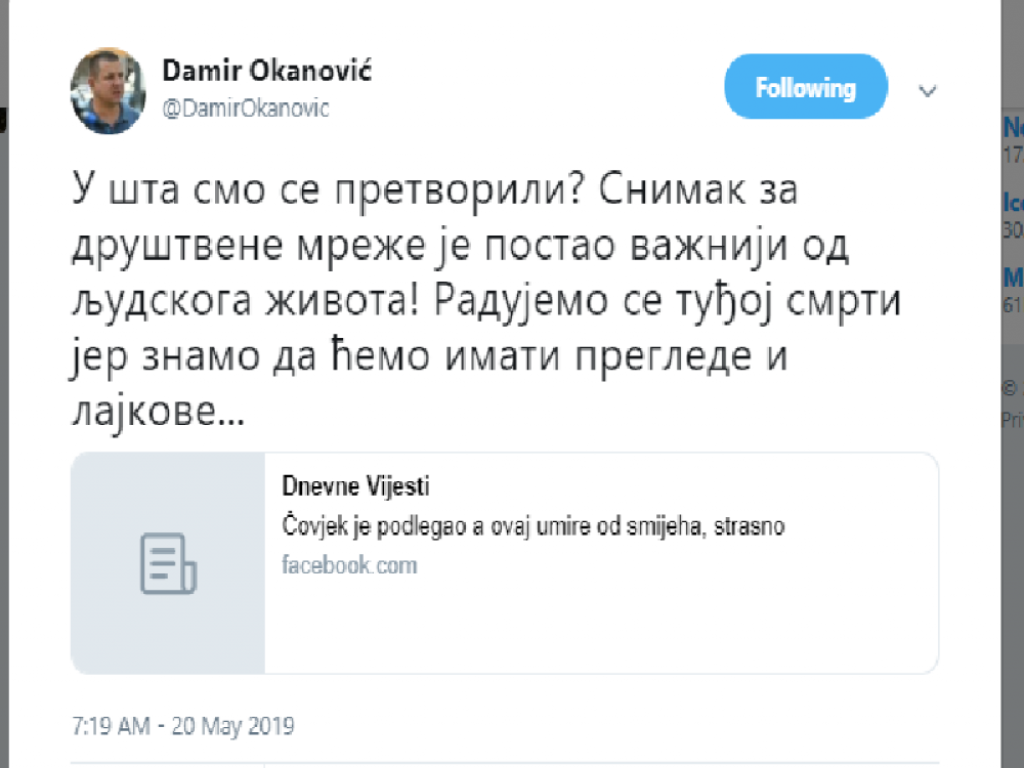 Damir Okanović, tvit, nesreća, snimak