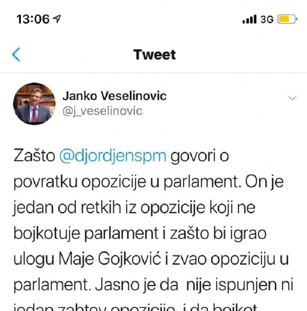 Janko Veselinović, tvit