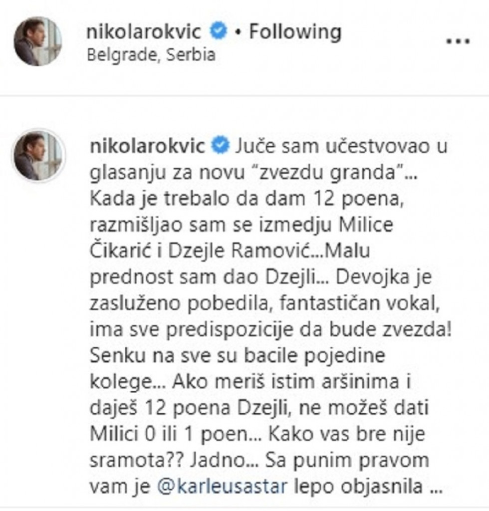 Nikola Rokvić, Željko Samardžić, prepiska na Instagramu
