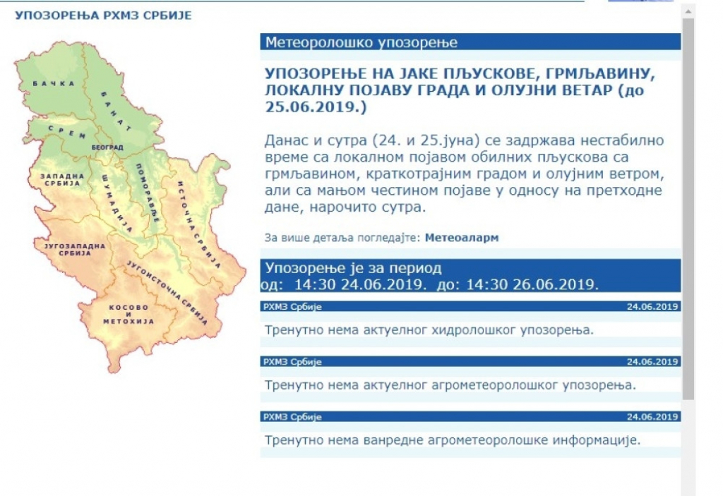 upozorenje, rhmz 24, 25 jun, padavine