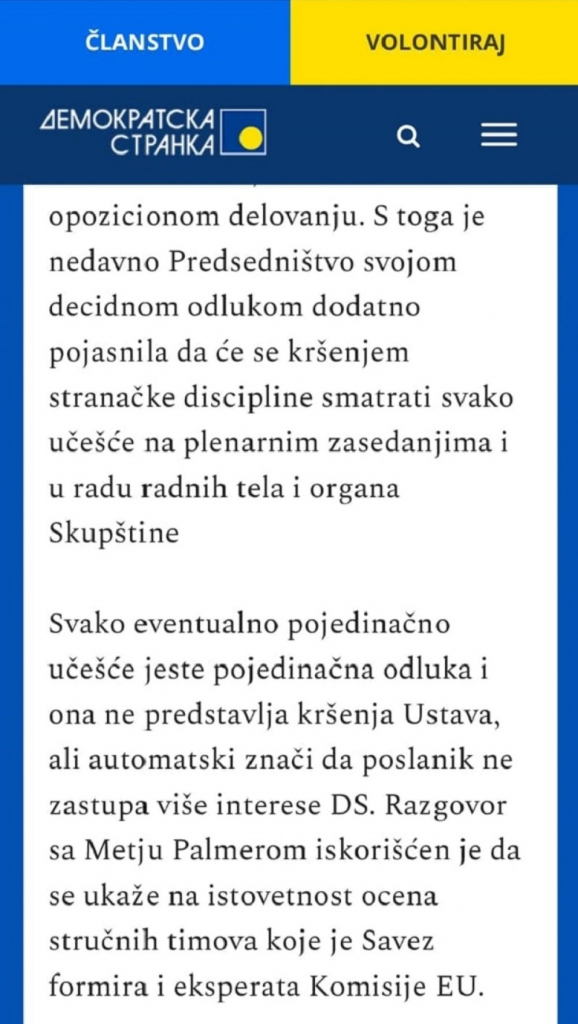 Poziv na bojkot sednica Skup&scaron;tine od strane DS-a