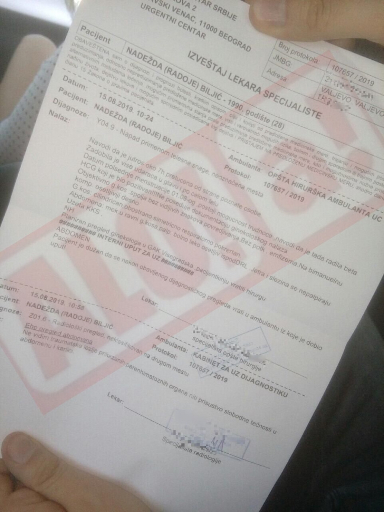 Nadežda Biljić, lekarski nalaz