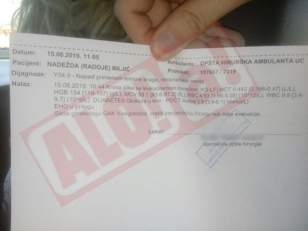 Nadežda Biljić, lekarski nalaz