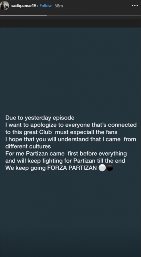 Izvinjenje Sadika navijačima Partizana na Instagramu