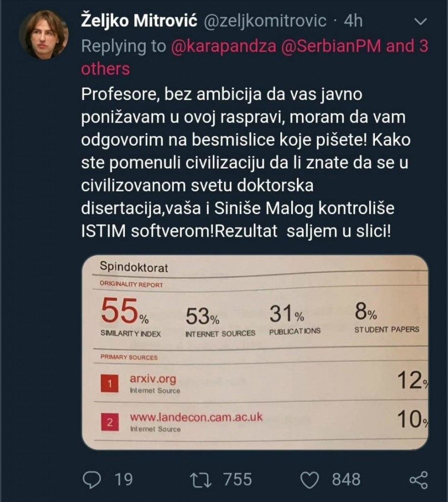 Željko Mitrović, Raša Karapandža, Tvit