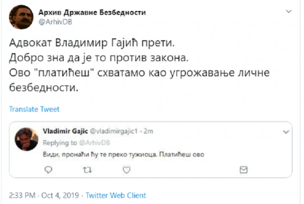 Vladimir Gajić, pretnja, Tviter