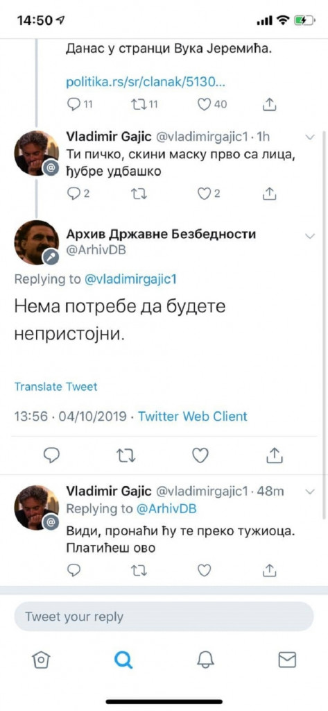 Vladimir Gajić, pretnja, Tviter