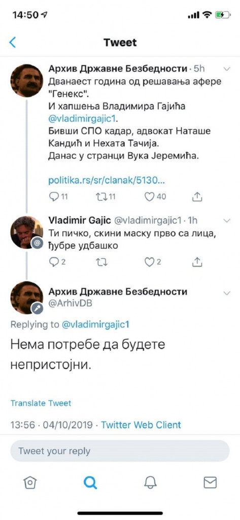 Vladimir Gajić, pretnja, Tviter