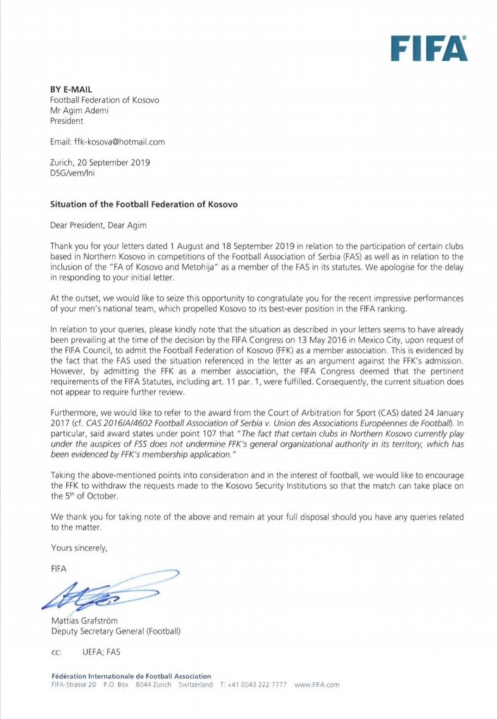 FIFA pismo FFK