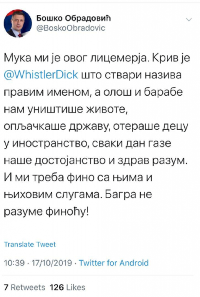 Tvit Bo&scaron;ko Obradović