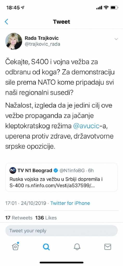 rada trajković, opozicija, S-400