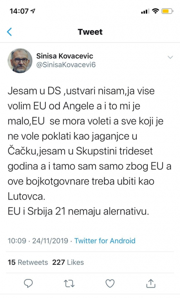 Siniša Kovačević, uvrede, Tviter