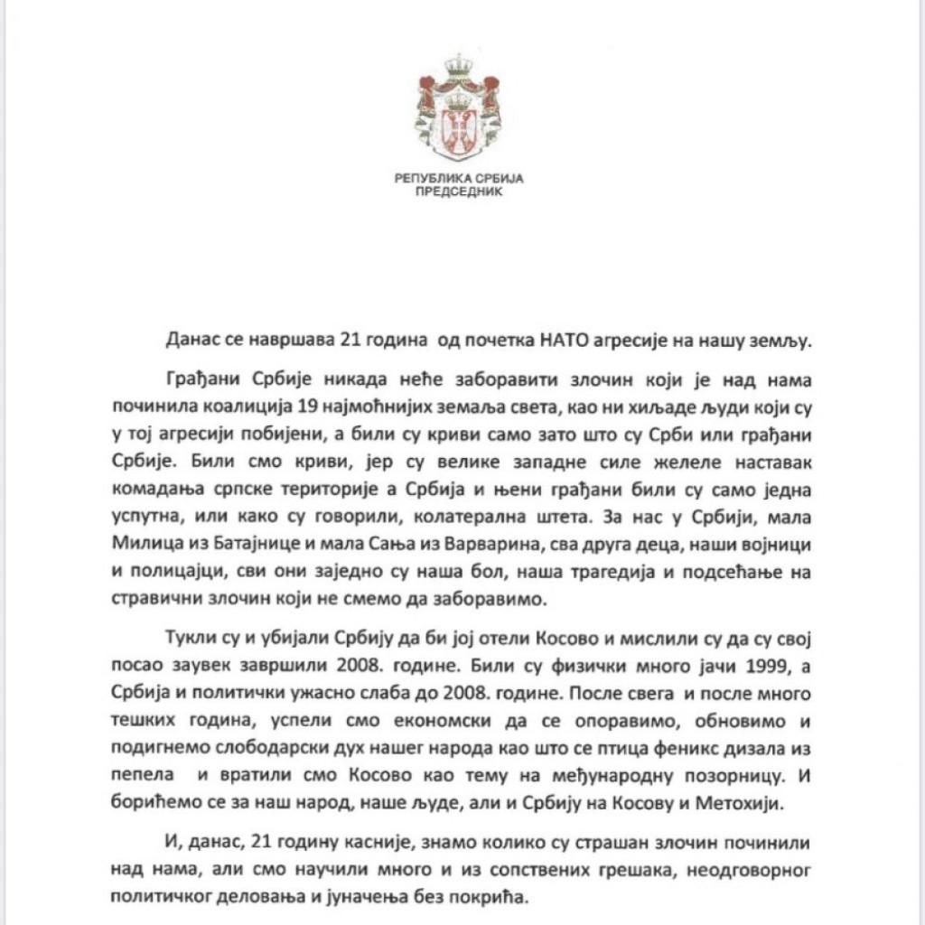 Predsednik o bombardovanju