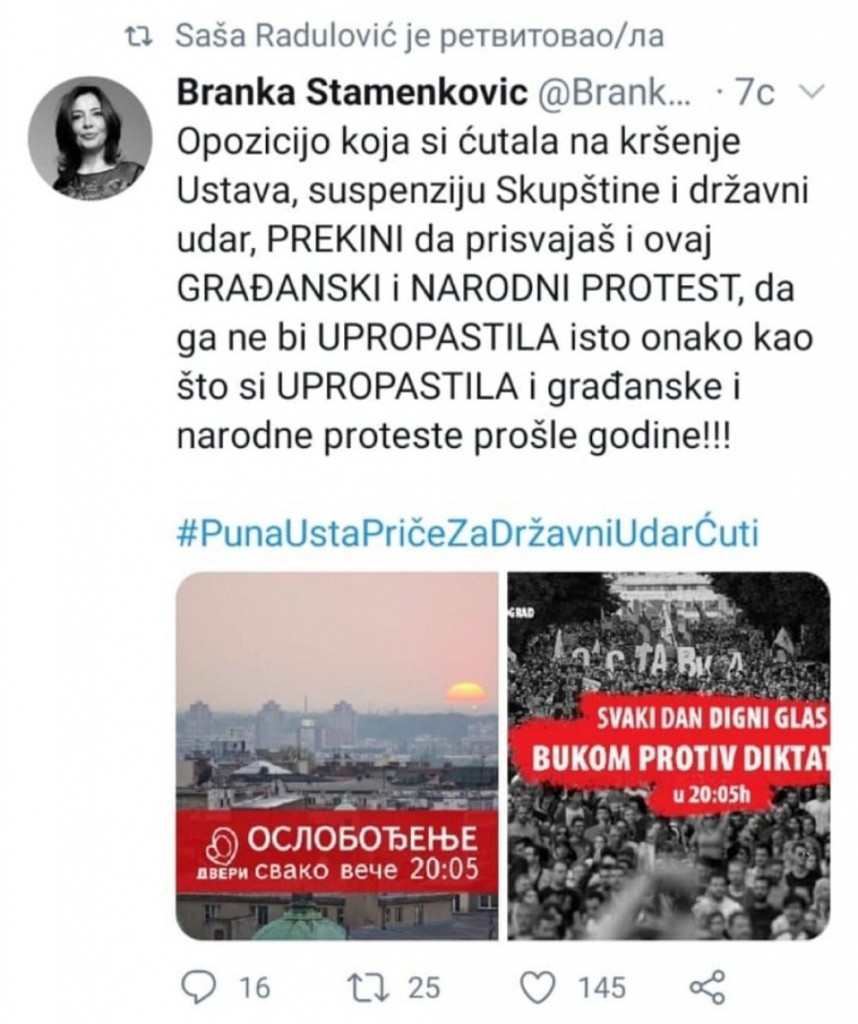 Branka Stamenković na Tviteru proziva opoziciju