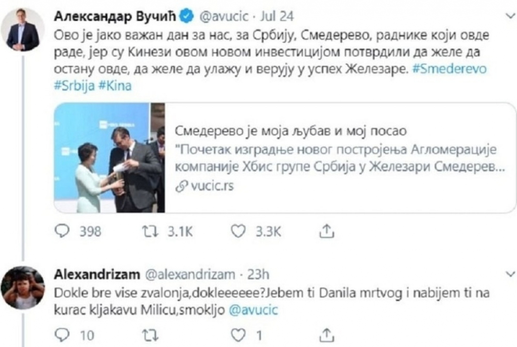 Pretnje Vučiću na Tviteru