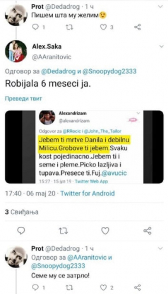 Pretnje Vučiću na Tviteru