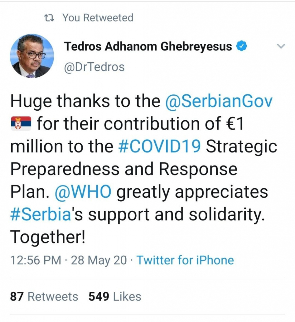 Tvit predsednika SZO