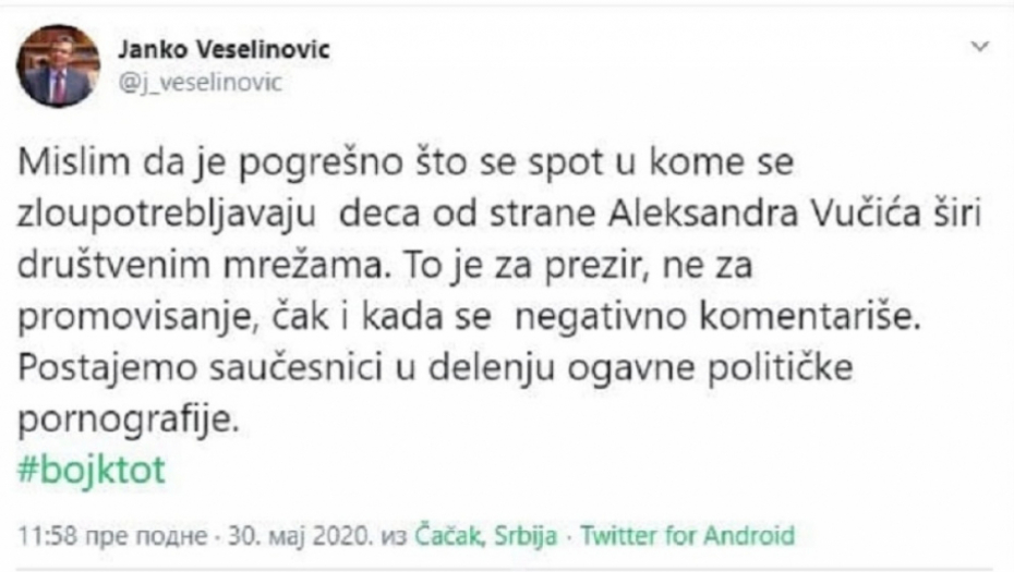 Uvrede na Tviteru na račun predizbornog spota