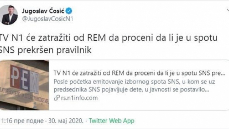 Uvrede na Tviteru na račun predizbornog spota