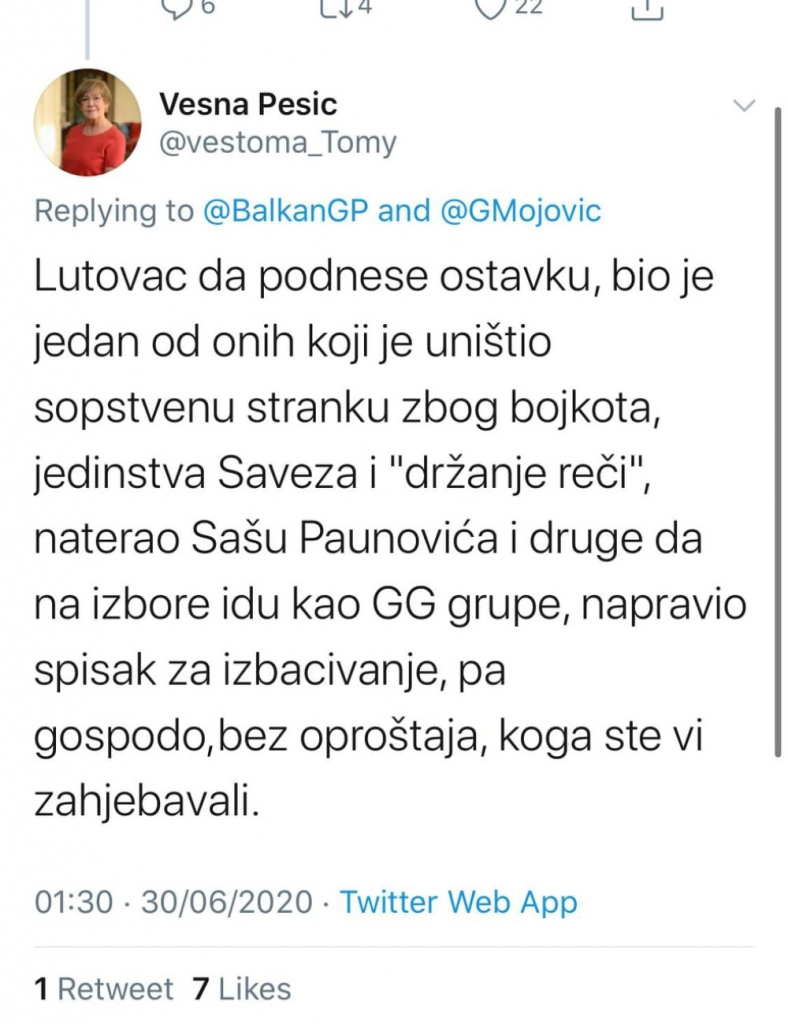 Tvit; Vesna Pe&scaron;ić