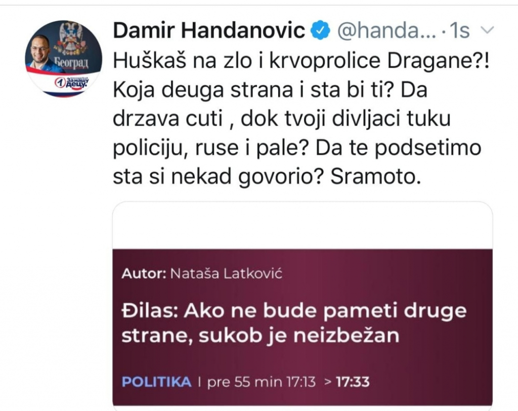 Damir Handanović, Tvit