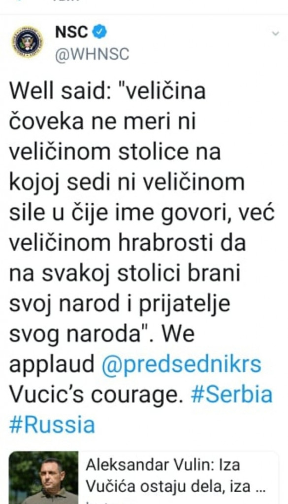 Pohvala Vučići uz Bele kuće