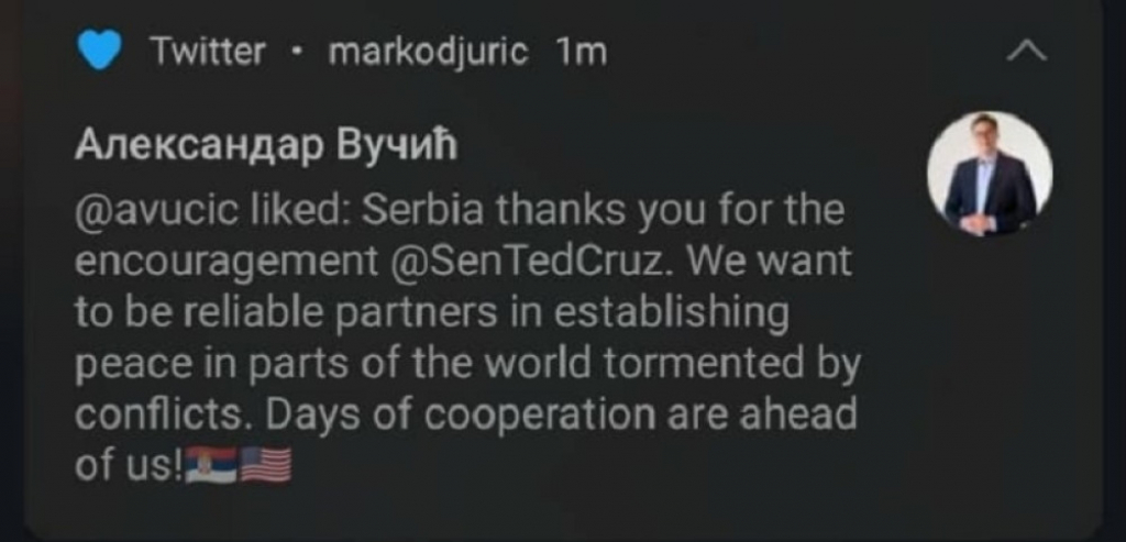 Vučić lajkovao odgovor Marka Đurića američkom senatoru