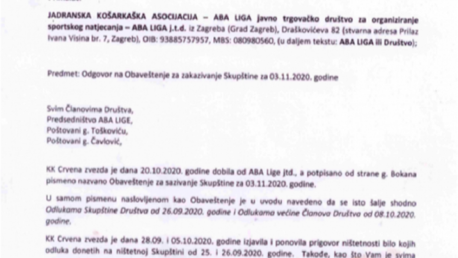 dopis KK Crvena zvezda