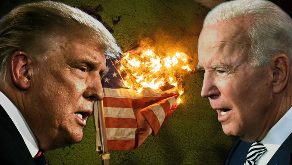 Donald Tramp Džo Bajden američka zastava gori